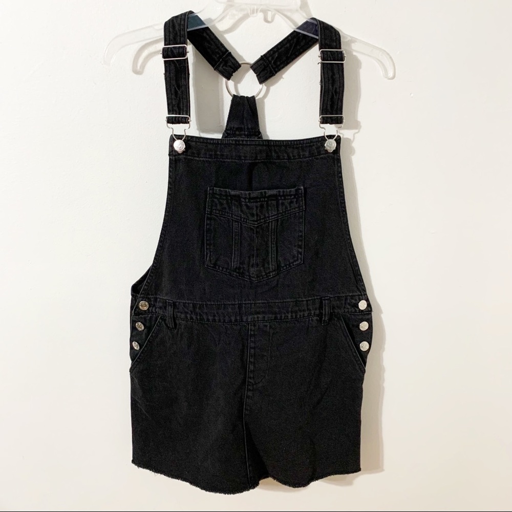 MNG Black Denim Jean Mini Jumper Adjustable Shoulder Straps Raw Hem Front Pocket